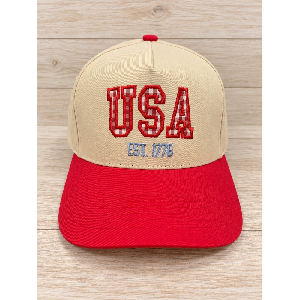 USA Est 1776 Baseball Cap Tan Red Gingham Snapback Hat Patriotic Women NWT